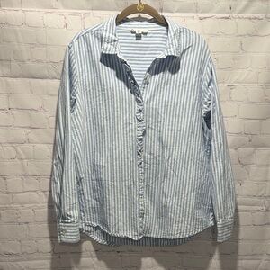 beachlunchlounge Blue and White Striped Button-Down cotton Shirt Womans Size L